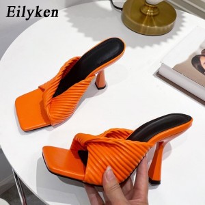 High Heels Slippers Woman Square Toe Fashion Pleated Design Ladies Sandals Summer 